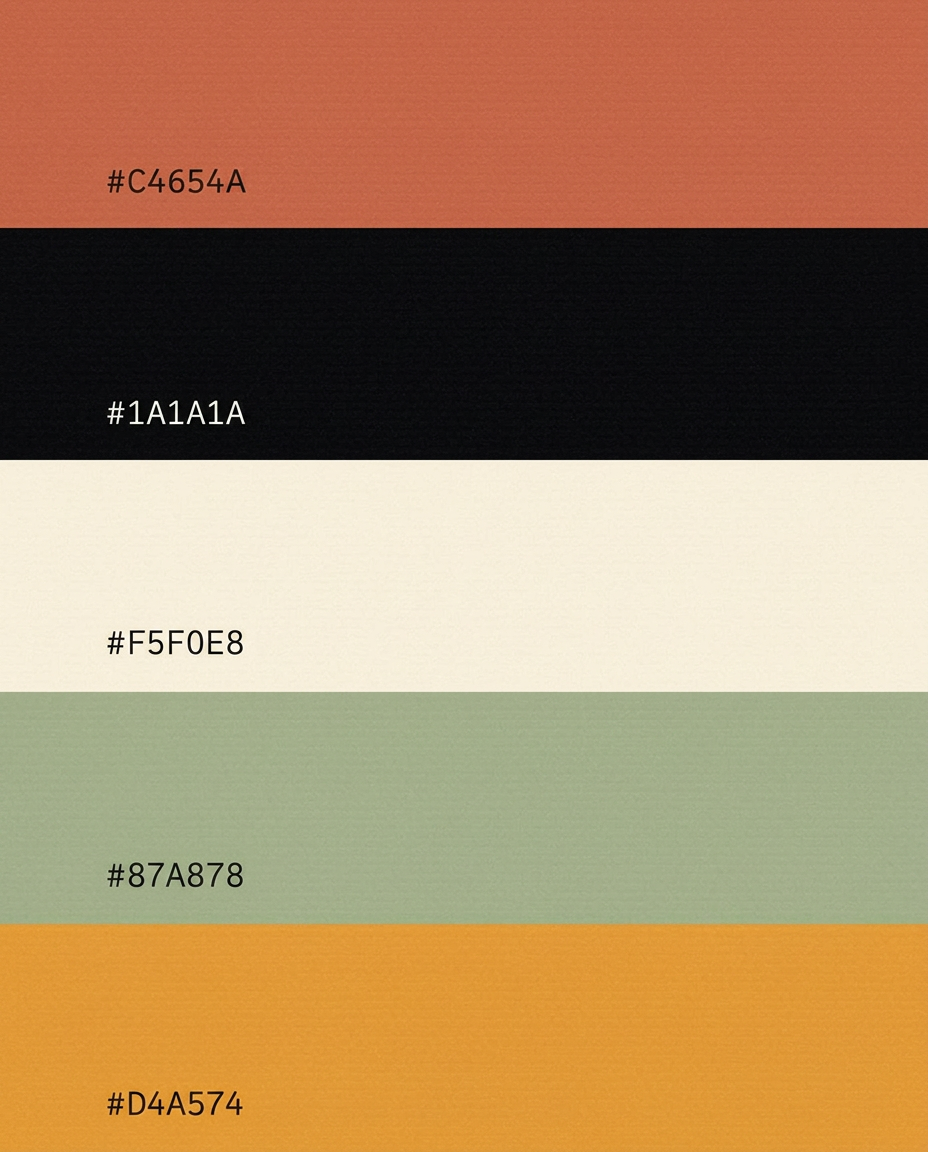 Color palette swatches with hex codes